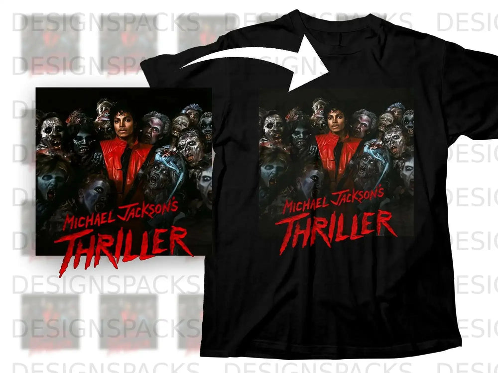 Michael Jackson's Thriller album cover art on a black t-shirt.