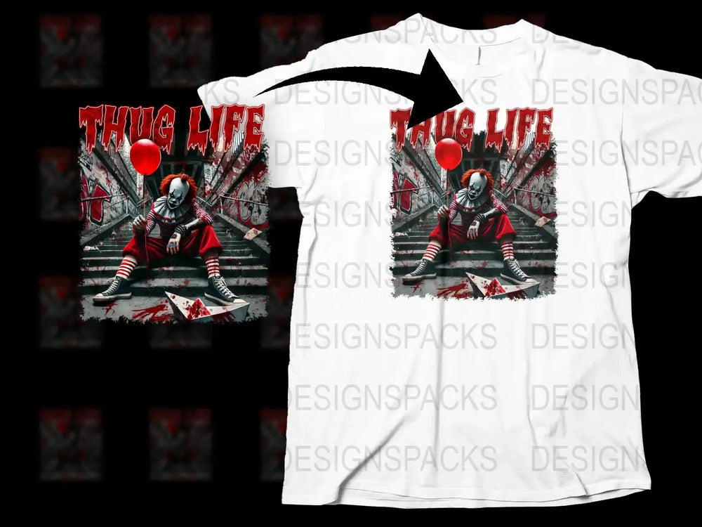 Thug Life Clown Graphic T-Shirt, Urban Streetwear Tee, Cool Hip Hop Style, Bold Red and White Design