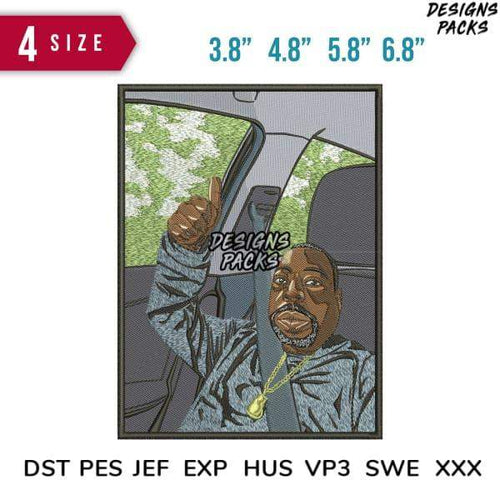 Embroidery design of man in car giving thumbs up, available in 4 sizes and multiple formats