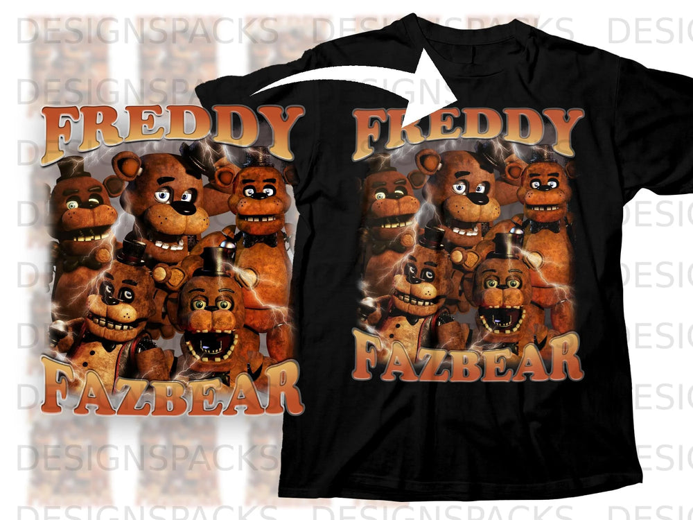 Freddy Fazbear and friends graphic on black t-shirt.