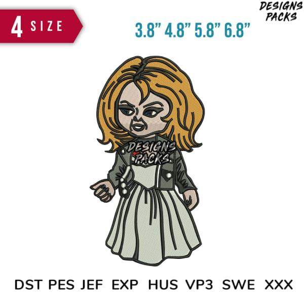 Chucky doll embroidery design in 4 sizes, compatible with DST PES JEF formats for instant download.