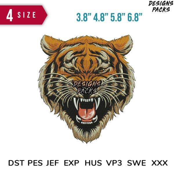 Fierce tiger head embroidery design in 4 sizes, compatible with DST PES JEF formats for instant download.