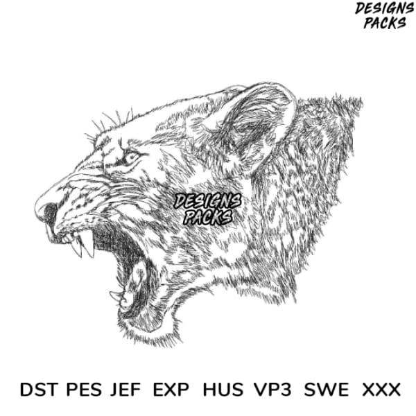 Fierce roaring lion head embroidery design in sketch style, available in PES, DST, JEF formats for instant download.