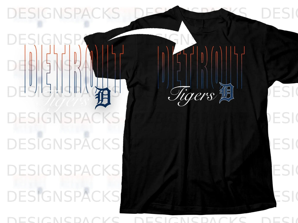Detroit Tigers graphic with Detroit lettering in gradient orange and blue on black shirt.