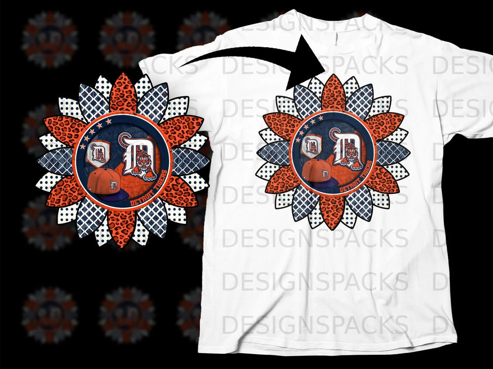 Detroit Tigers sunflower design with orange, navy, and white petals on a white t-shirt.