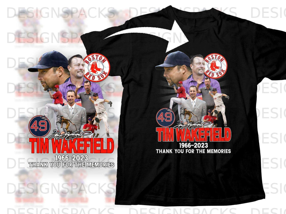 Black t-shirt with Tim Wakefield tribute, "Boston Red Sox 49," and "Thank You for the Memories."