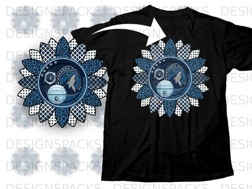 Minnesota Timberwolves sunflower design with basketball and wolf logo on black t-shirt.