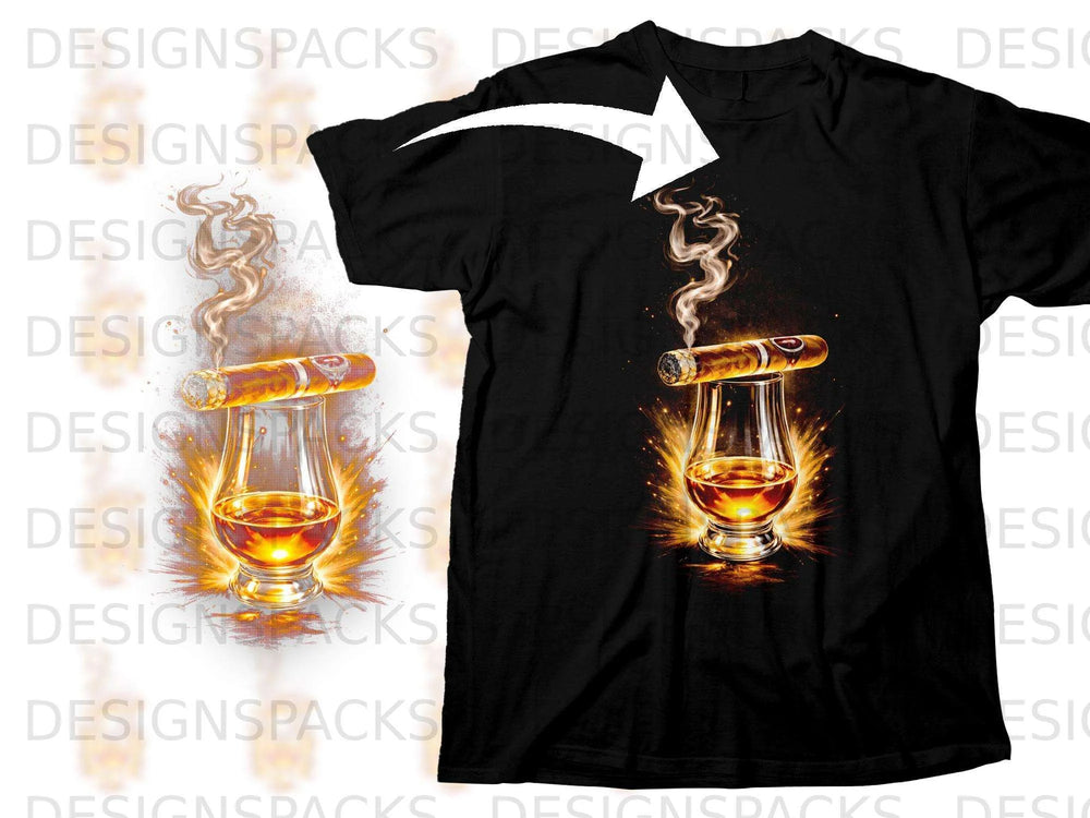 Black t-shirt with graphic of cigar and whiskey glass with smoke and fire.