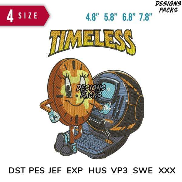Timeless clock character using laptop, embroidery design in 4 sizes, DST PES JEF formats