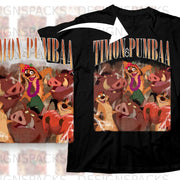 Black t-shirt featuring Timon and Pumbaa from The Lion King with lightning effects.
