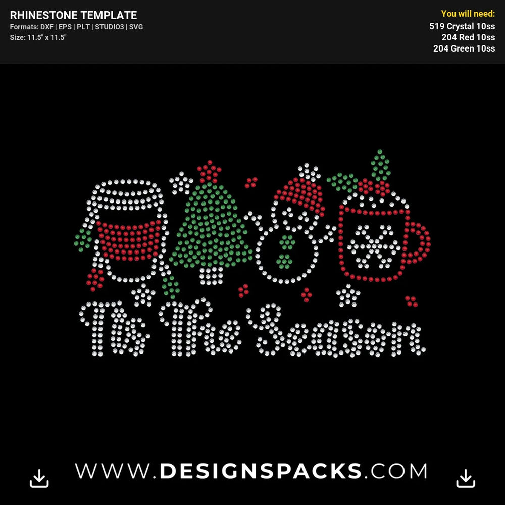 Tis Season Christmas Tree Snowmam Rhinestone Digital Template