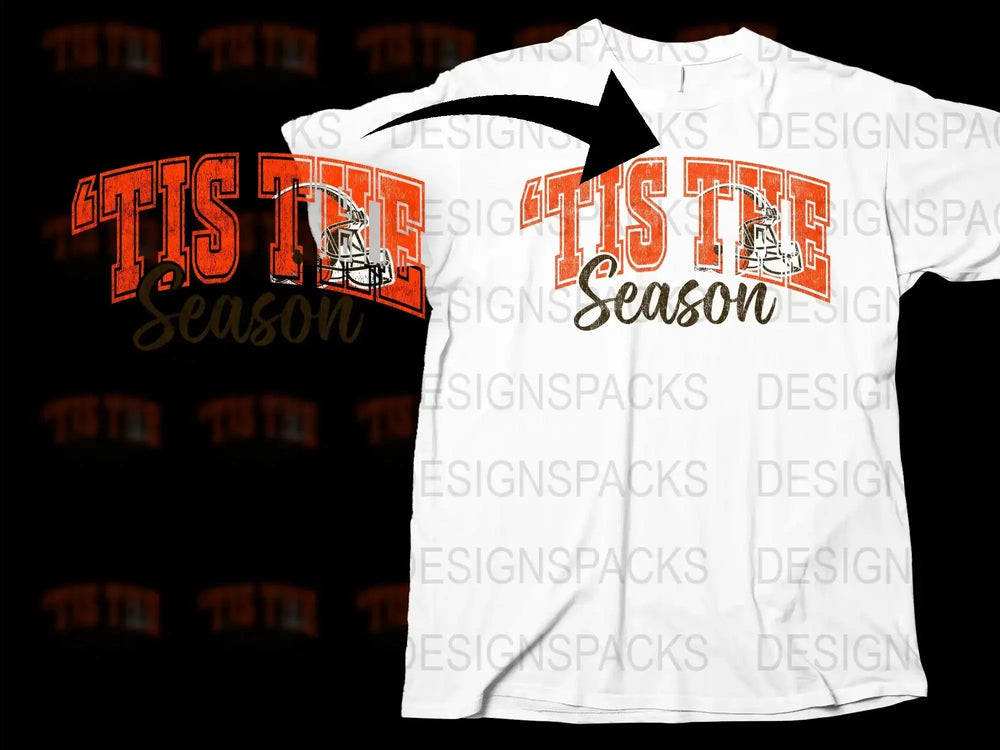 Festive Holiday T-Shirt 'Tis the Season Orange Text Football Helmet Graphic Tee