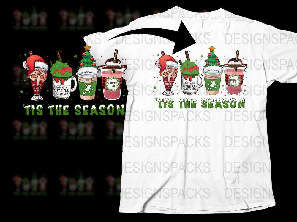 Festive Holiday T-Shirt with Colorful Christmas Drink Graphics, Unisex Winter Apparel