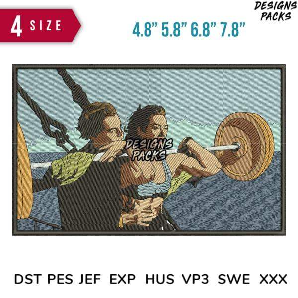 Embroidery design of muscular couple lifting barbell, available in PES, DST, EXP formats, 4 sizes