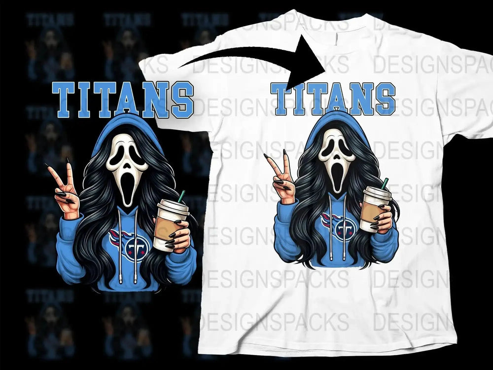 Scream mask girl in Titans hoodie holding coffee, peace sign, print-ready design