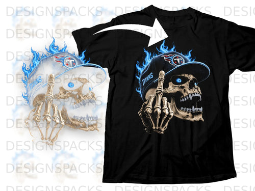 Black t-shirt with a skull wearing a Titans hat and surrounded by blue flames.