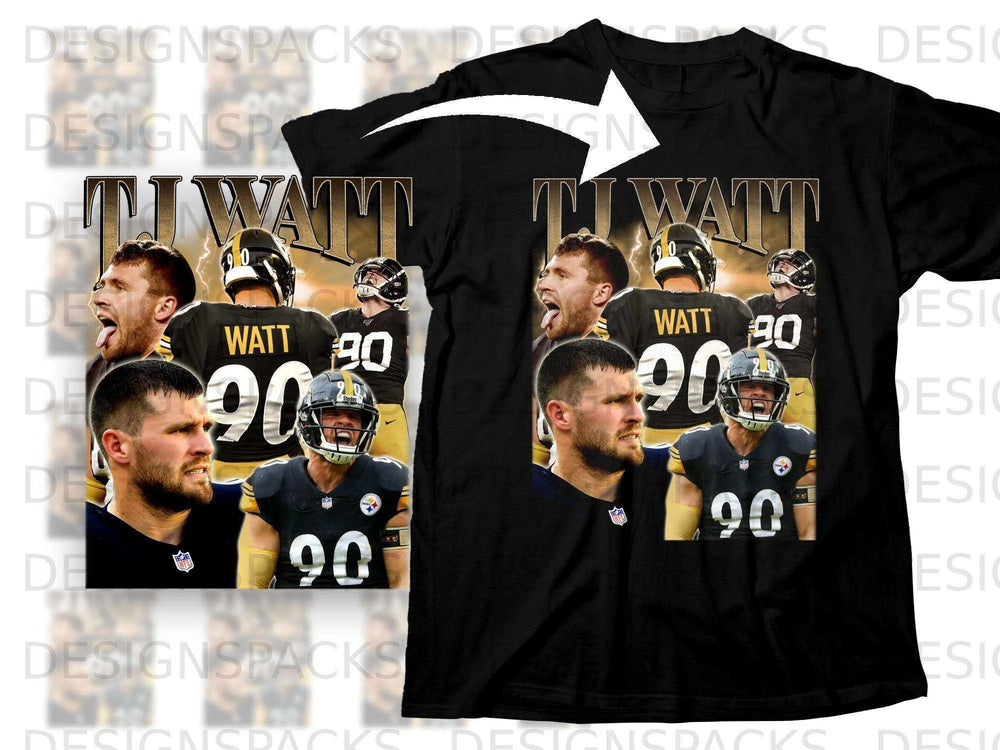 T.J. Watt 90 Pittsburgh Steelers jersey on black t-shirt mockup.