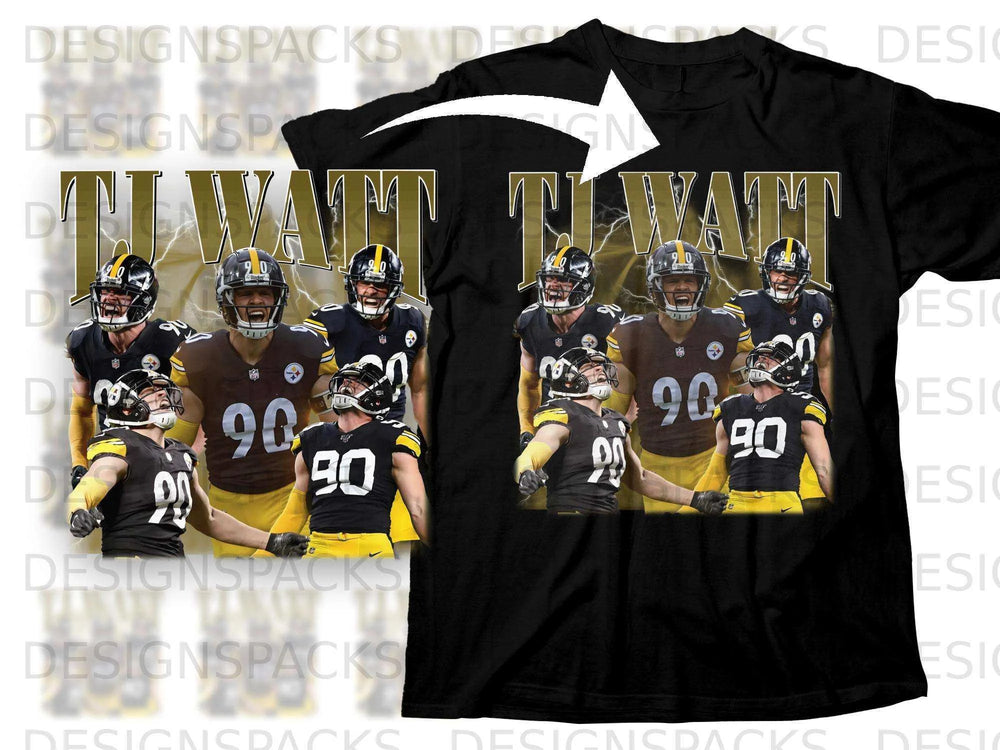 Black t-shirt with "T.J. WATT" and jersey numbers 90 and 20.