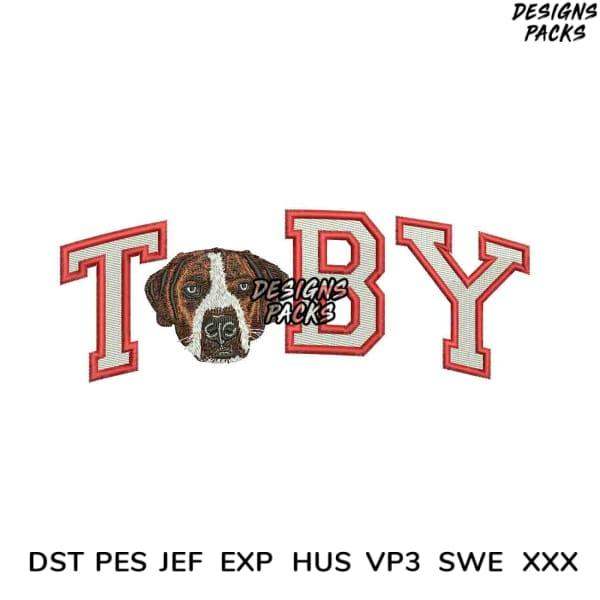 Embroidery design of dog face in 'TOBY' text, available in PES, DST, JEF formats for instant download