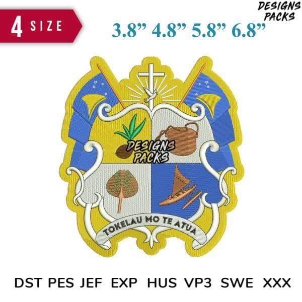 Embroidery design with shield, cross, basket, leaf, canoe; 4 sizes, DST PES JEF formats; print-ready