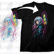 Black t-shirt with anime girl illustration featuring pink and blue hair and Japanese text.