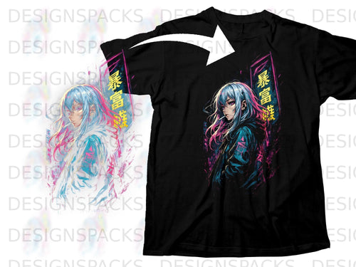 Black t-shirt with anime girl illustration featuring pink and blue hair and Japanese text.