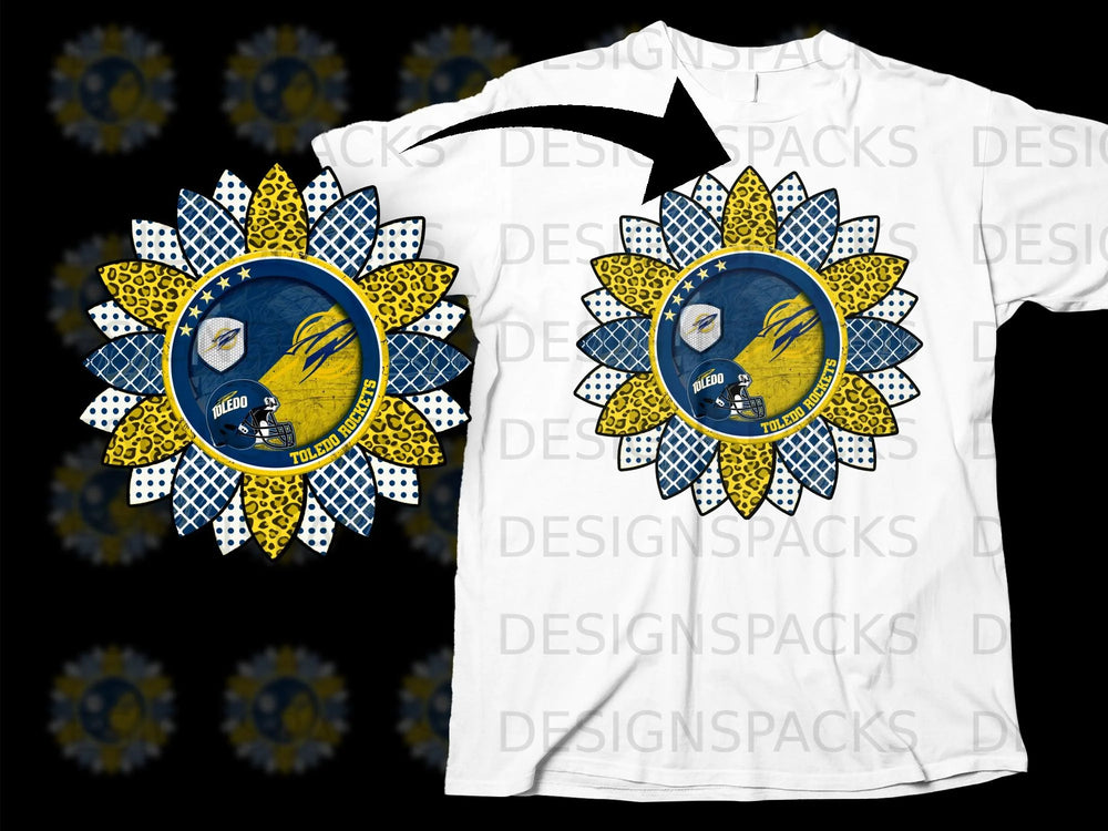 Sunflower graphic with Toledo Rockets football logo on white t-shirt.