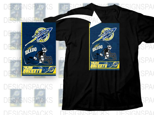 Toledo Rockets Football Helmet Graphic T-Shirt, Sports Fan Apparel, College Team Shirt, Blue and Gold