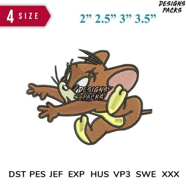 Embroidery design of cartoon mouse in action pose, available in 4 sizes and multiple formats like PES, DST, JEF.