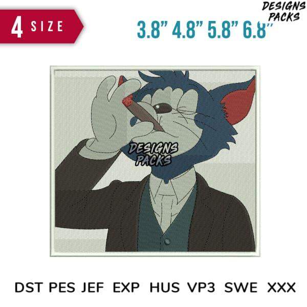 Embroidery design of blue cat in suit holding cigar, available in 4 sizes & formats like PES, DST for instant download