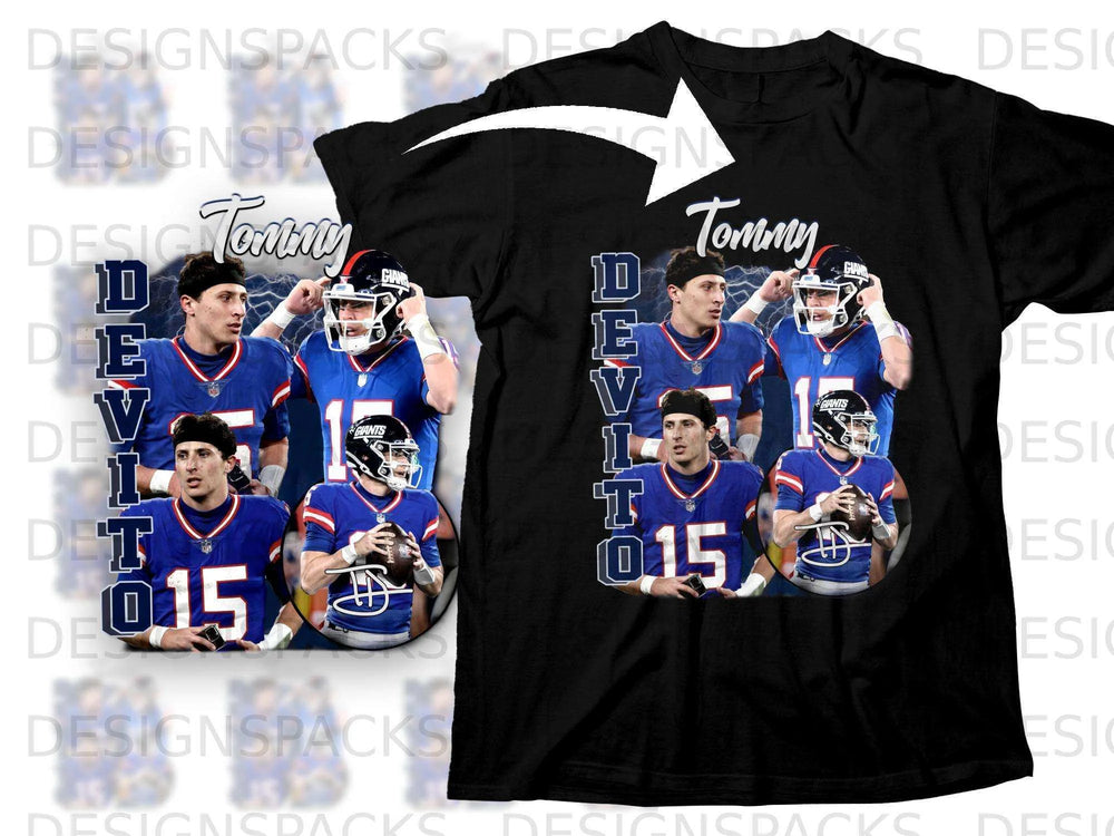 New York Giants Tommy DeVito #15 t-shirt with player image.
