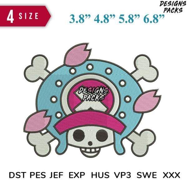 Embroidery design featuring skull with pink hat, crossbones, and Designs Packs logo in multiple sizes