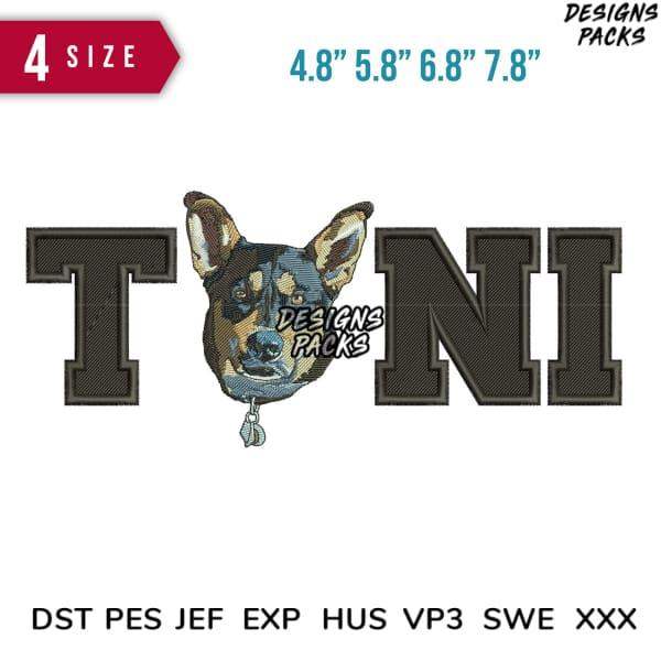 Dog face embroidery design with TNI text, available in multiple sizes and formats