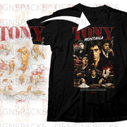 Black t-shirt with "Tony Montana" text and collage of movie scenes.