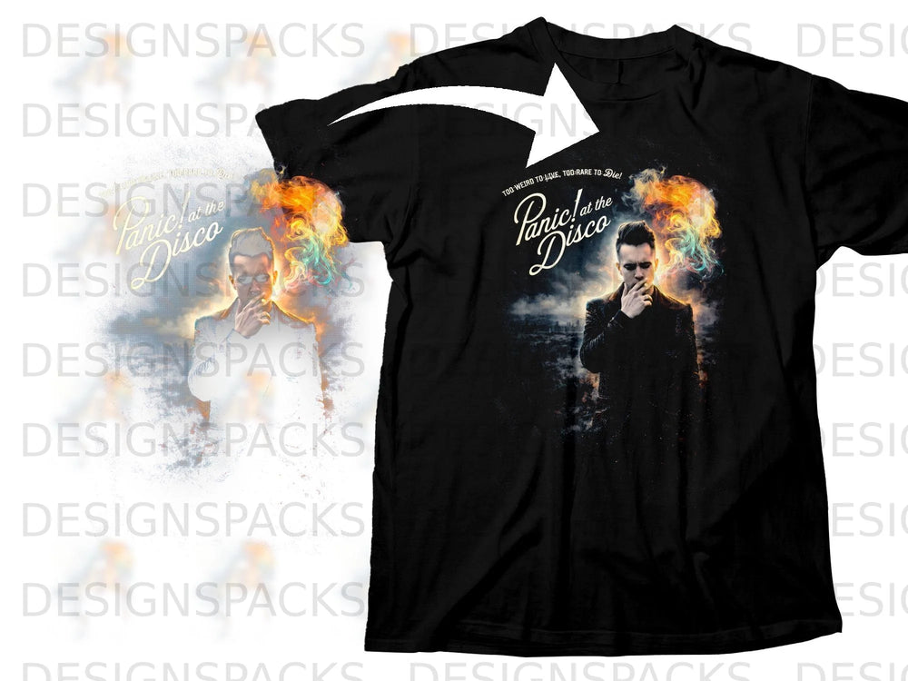 Black t-shirt with Panic! at the Disco album art and flames graphic.