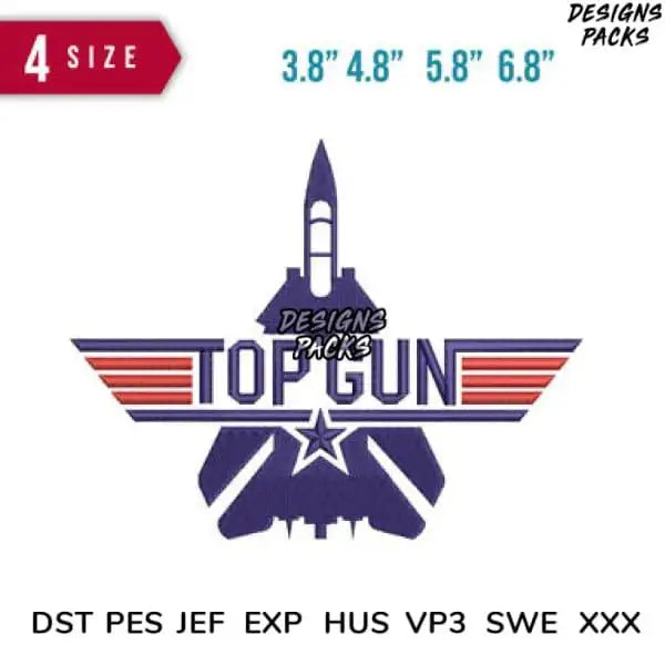 Top Gun rocket wings design in 4 sizes, embroidery formats DST PES JEF EXP for instant download