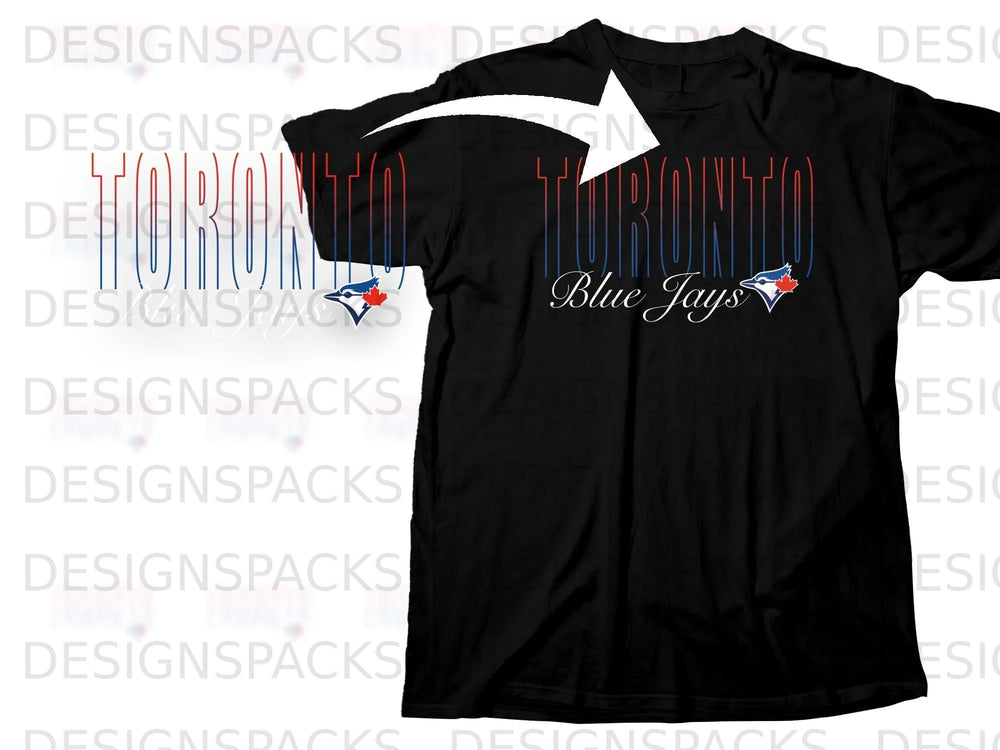 Black t-shirt with gradient "TORONTO" text and Blue Jays logo.