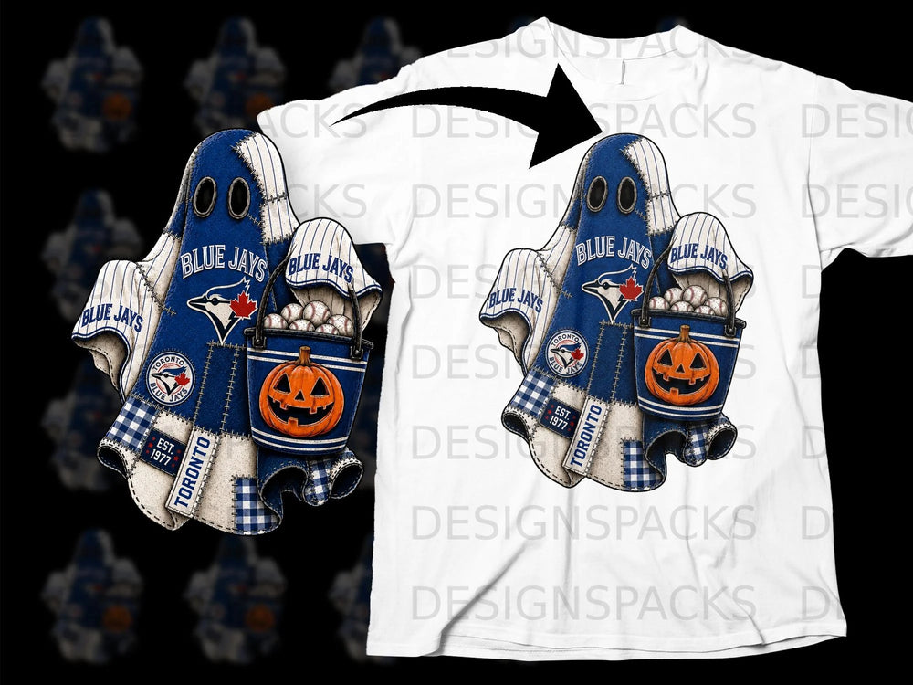 Toronto Blue Jays ghost character holding a bucket of baseballs and a jack-o'-lantern.