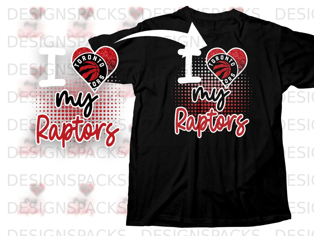 Black t-shirt with "I love my Raptors" graphic and Toronto Raptors heart logo.