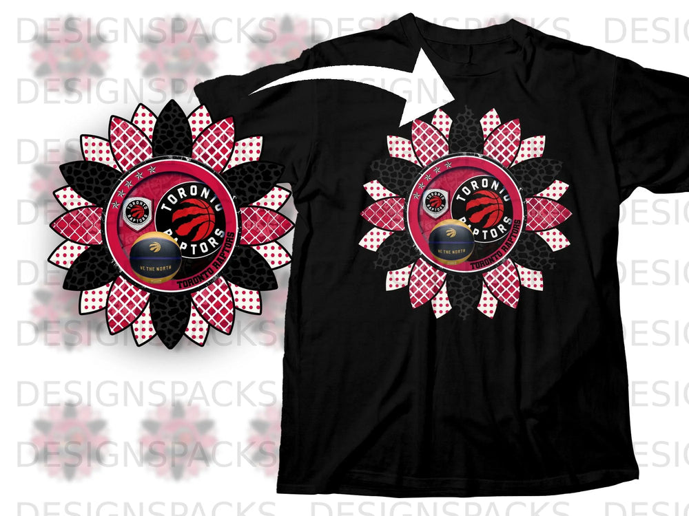 Toronto Raptors sunflower graphic with team logo and basketball on black t-shirt.