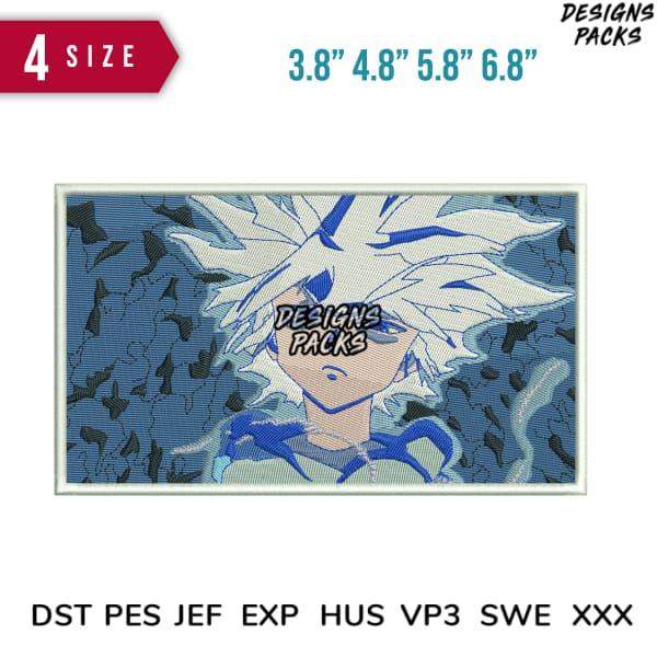 Anime-style embroidery design with blue and white character, available in 4 sizes and multiple file formats