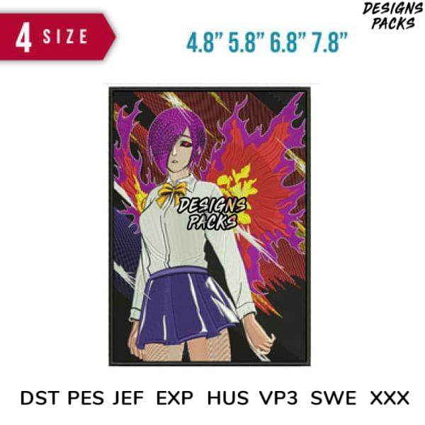 Anime girl with purple hair and fiery wings, embroidery design in DST PES formats, 4 sizes available