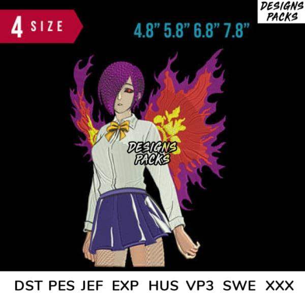 Anime girl with purple hair, fiery wings, school uniform — embroidery & DTF design in 4 sizes, DST PES formats