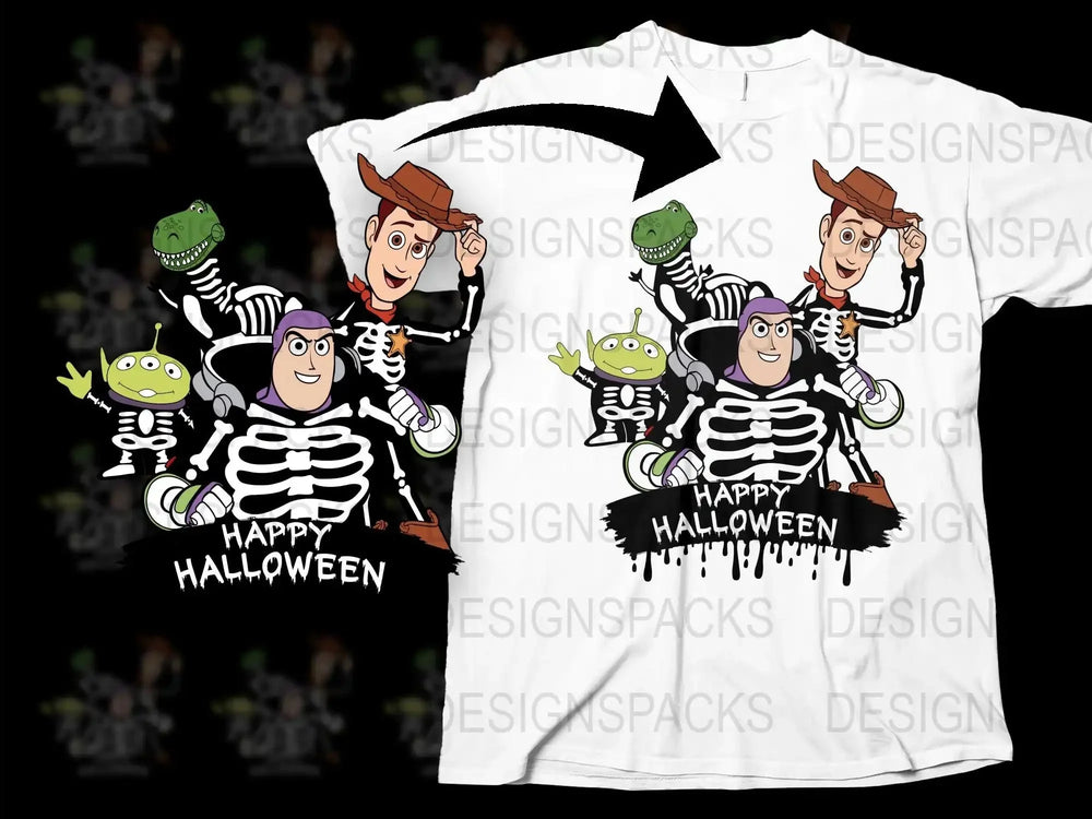 Happy Halloween Family T-Shirt Set, Funny Skeleton and Alien Costume, Matching Group Party Outfit, Spooky Season Apparel