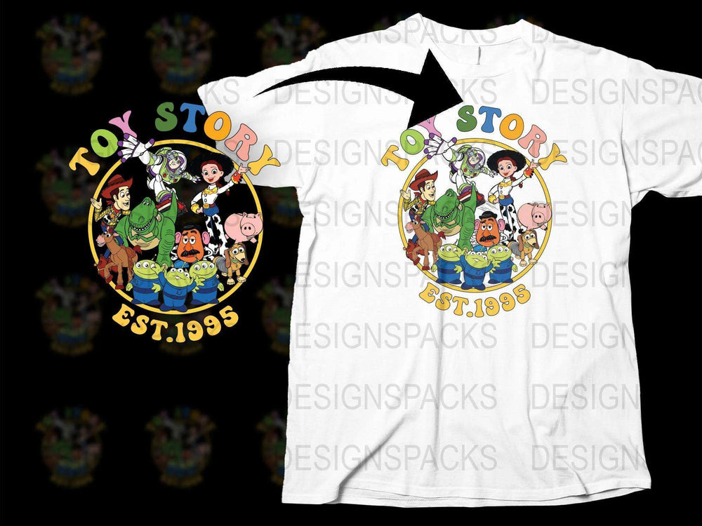 Toy Story T-Shirt, Classic Characters Graphic Tee, Kids and Adults, Est. 1995 Cartoon Design