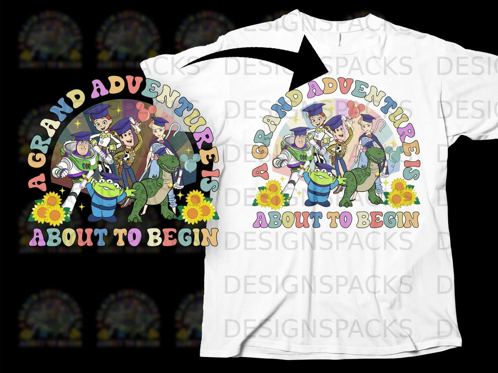 Toy Story characters with graduation caps and "A Grand Adventure Is About To Begin."