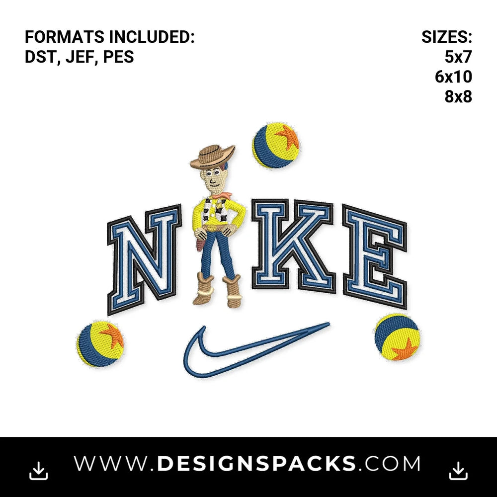 Toy Story Woody Nike Varsity Swoosh Embroidery Design - Instant digital download pattern at Designspacks.com