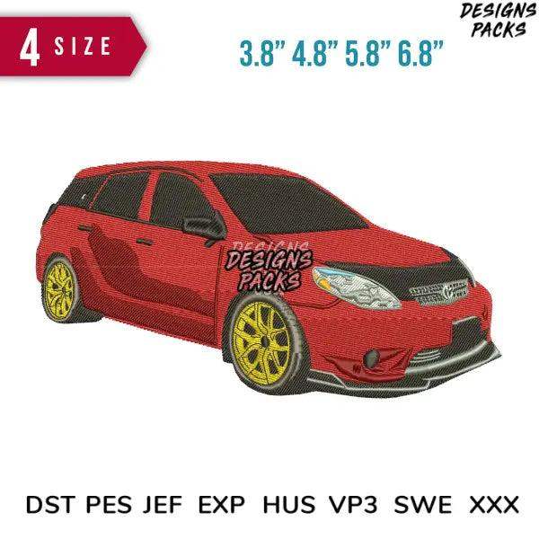 Red sports car embroidery design with yellow rims, available in 4 sizes and multiple formats