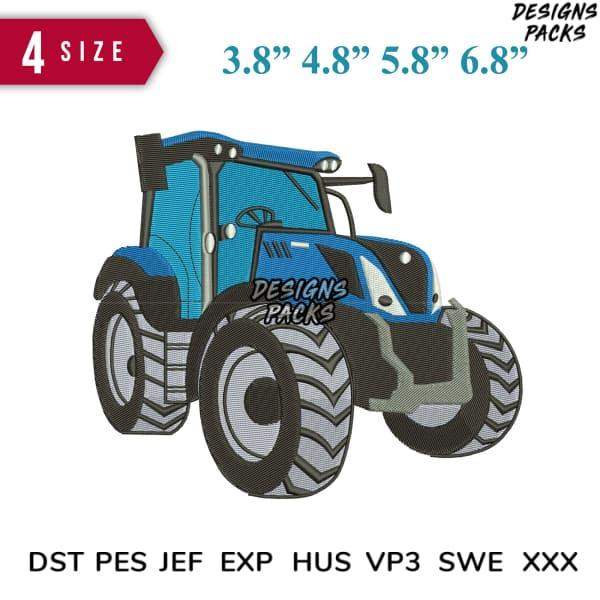 Blue tractor embroidery design in 4 sizes, compatible with DST PES JEF formats for instant download.
