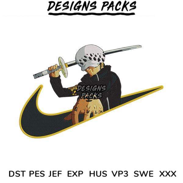 Anime character with sword on Nike swoosh, embroidery design file formats DST PES JEF